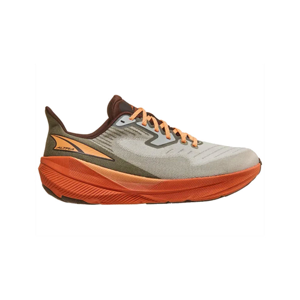 A side view of the ALTRA EXPERIENCE FLOW GRAY/ORANGE - MENS athletic running shoe by Altra, showcasing its grey, green, and orange design with a thick orange sole and laces. The shoe features engineered mesh for breathability and displays a logo on the side. Experience Flow in every step with this smooth ride.