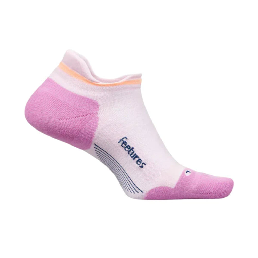 Pink and white low-cut athletic running socks with targeted compression, featuring the brand name &quot;Feetures&quot; on the side. The product is FEETURES ELITE MAX CUSHION NO SHOW TAB SOCKS PINK BLISS.