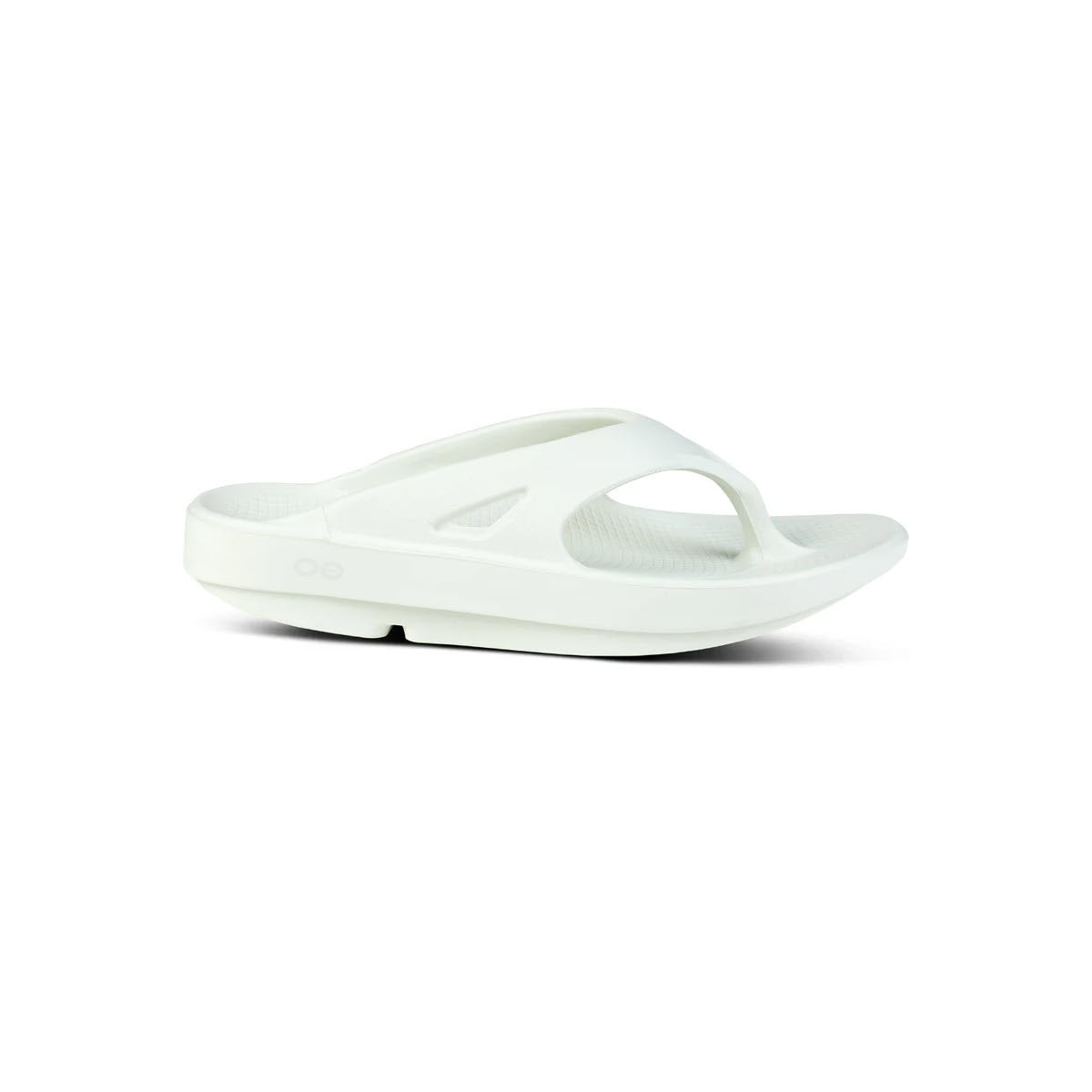 A white Oofos OORIGINAL THONG with a cut-out design, featuring OOfoam technology for exceptional comfort—perfect recovery footwear.