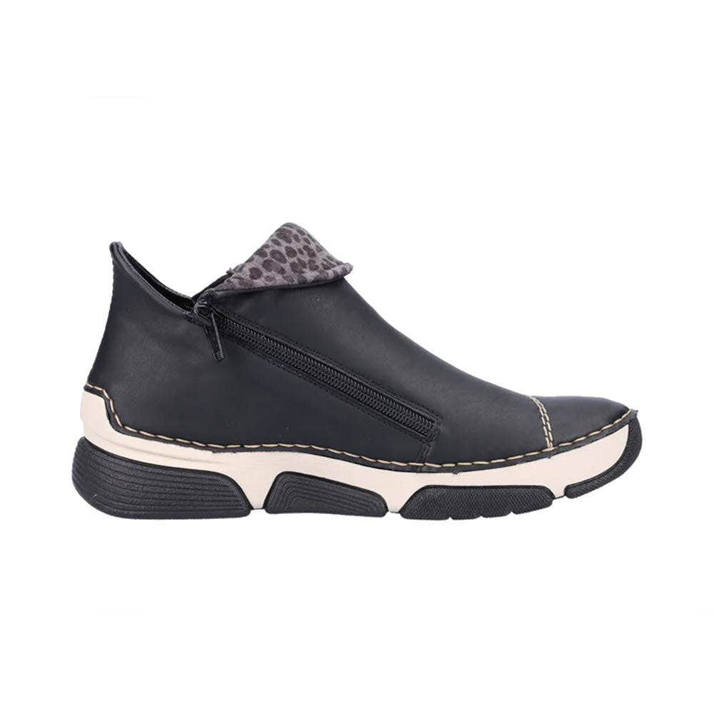 The Rieker Stretch Jogger Slip On Black Multi - Women&#39;s is a casual shoe featuring a sleek black multi-color design, side zipper, white stitching, a white midsole, and a thick black outsole—perfect women&#39;s footwear for everyday comfort and style.