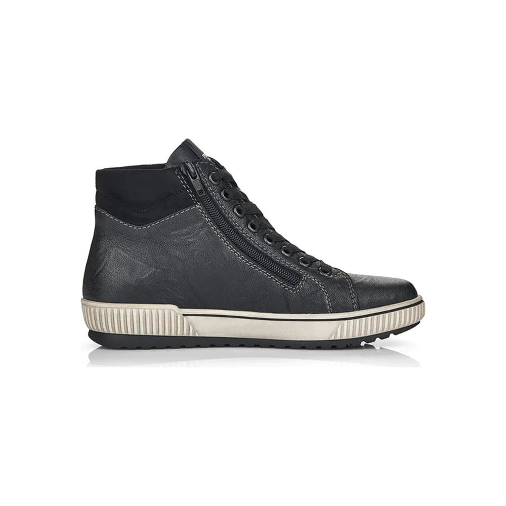 A side view of the REMONTE CITY WALKER HIGH TOP BLACK - WOMENS, a black zip-up sneaker with a white sole designed by Remonte for water-resistant warmth, set against a white background.