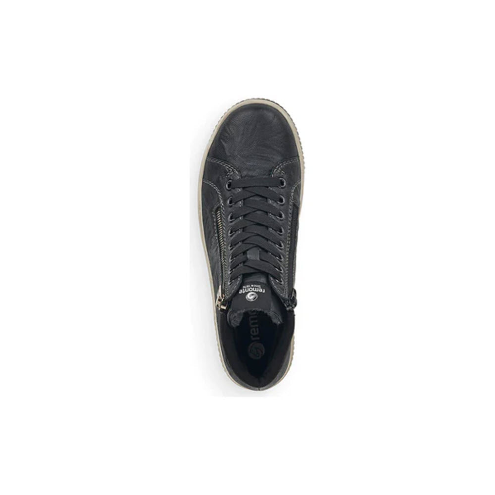 A single black zip-up sneaker, the REMONTE CITY WALKER HIGH TOP BLACK - WOMENS by Remonte, featuring Rieker TEX for water-resistant warmth, is displayed from a top-down perspective on a plain white background.