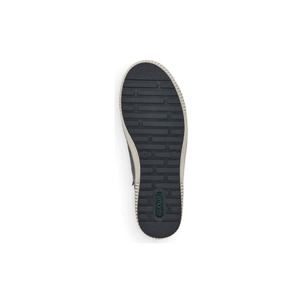 Image of the sole of the REMONTE CITY WALKER HIGH TOP BLACK - WOMENS shoe, featuring black rubber with a textured tread pattern and a Remonte TEX brand logo centered near the heel, offering water-resistant warmth perfect for any zip-up sneaker.