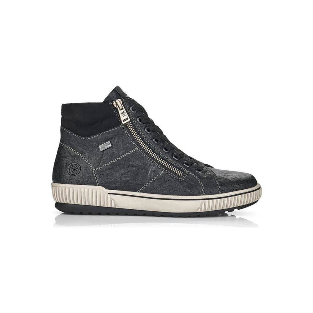 The REMONTE CITY WALKER HIGH TOP BLACK for women, by Remonte, is a stylish black high-top sneaker with white soles, featuring Rieker TEX for water-resistant warmth and a side zipper for easy access.