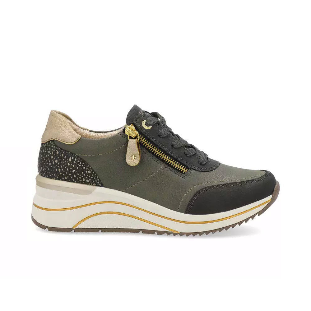 REMONTE WEDGE SNEAKER WITH ZIP OLIVE/GOLD - WOMENS