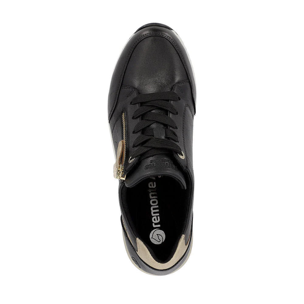 Top view of a single black and gold Remonte Wedge Sneaker with a side zipper and black laces, featuring Lite &#39;n Soft technology by Remonte, displayed against a white background.