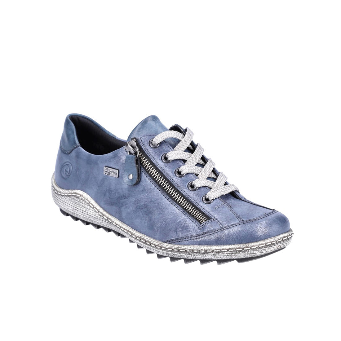 The REMONTE EURO CITY WALKER DENIM for women by Remonte features a blue leather exterior, white laces, a side zipper detail, a textured sole, and cushioned insoles.