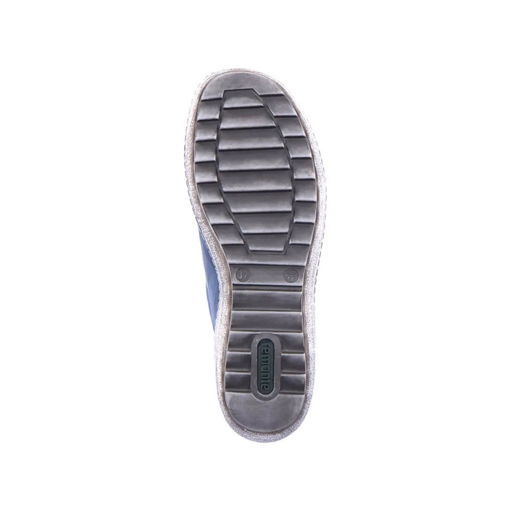 The image displays the bottom view of a single shoe sole with visible tread patterns, including horizontal grooves and a central rectangular section. The brand name &quot;Remonte&quot; is imprinted near the heel area. These shoes, named REMONTE EURO CITY WALKER DENIM - WOMENS, feature water resistance and cushioned insoles for added comfort.