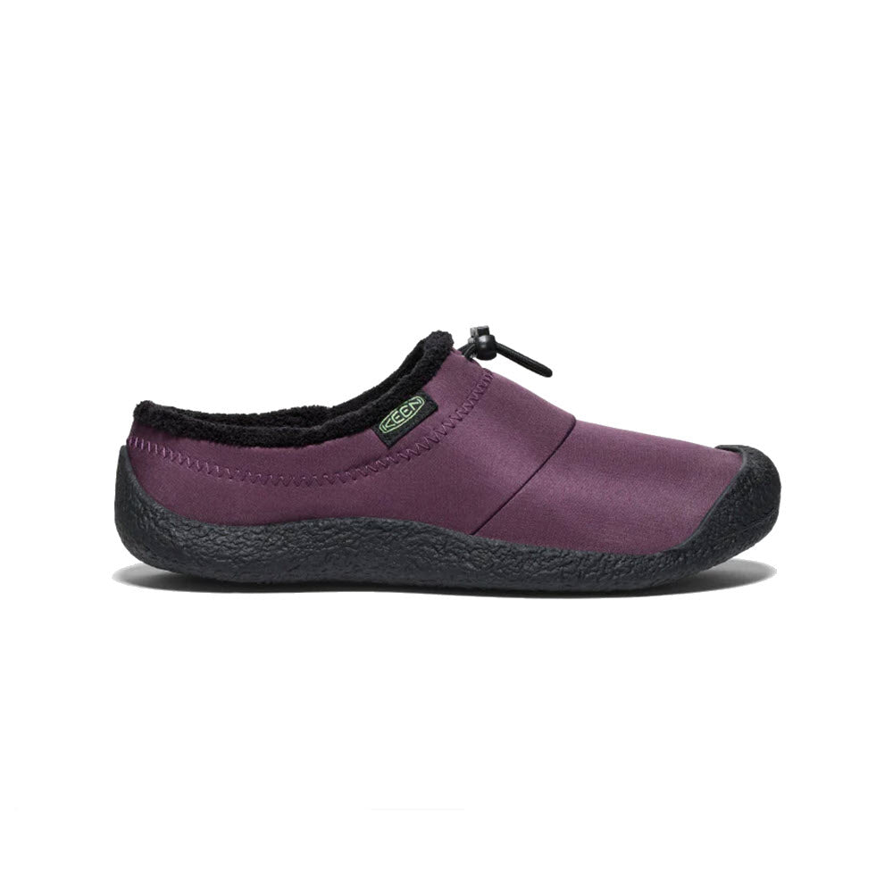 A side view of the Keen Howser III Slide Plum Perfect for women, featuring a single hybrid comfort slide in purple with a black sole, black trim, and a bungee toggle closure for enhanced traction.