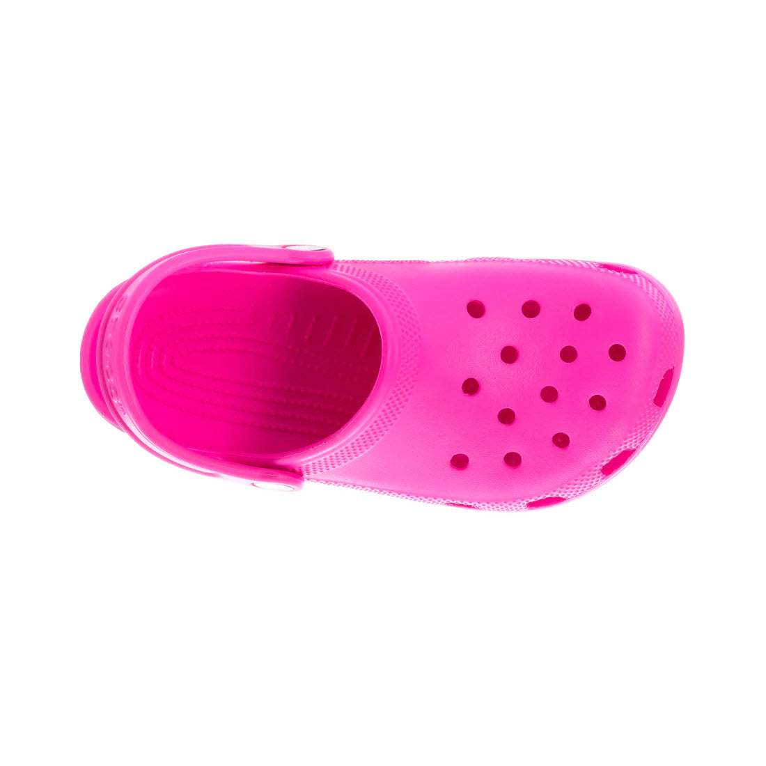 Top view of a single Crocs Classic Clog Pink Crush - Kids by Crocs, featuring ventilation holes and an adjustable strap, designed for ultra-comfortable wear.