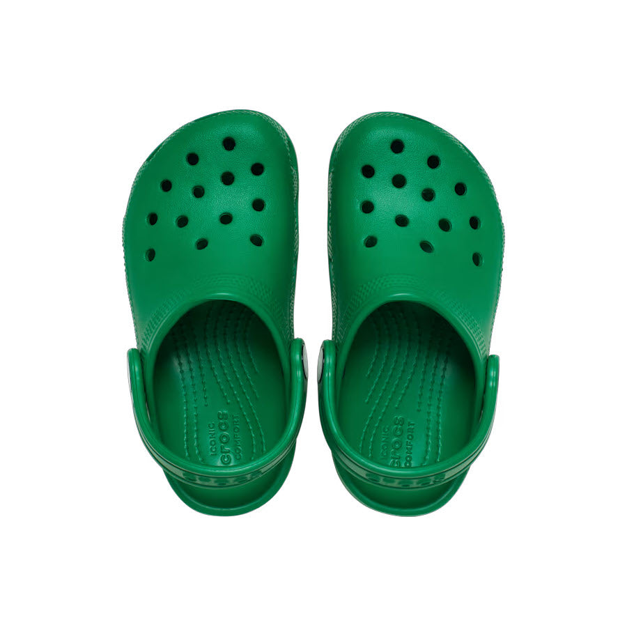 A pair of Crocs Classic Clog Green Ivy - Kids, made from Croslite™ material and featuring ventilation holes on the top as well as a heel strap for comfort and support, viewed from above.