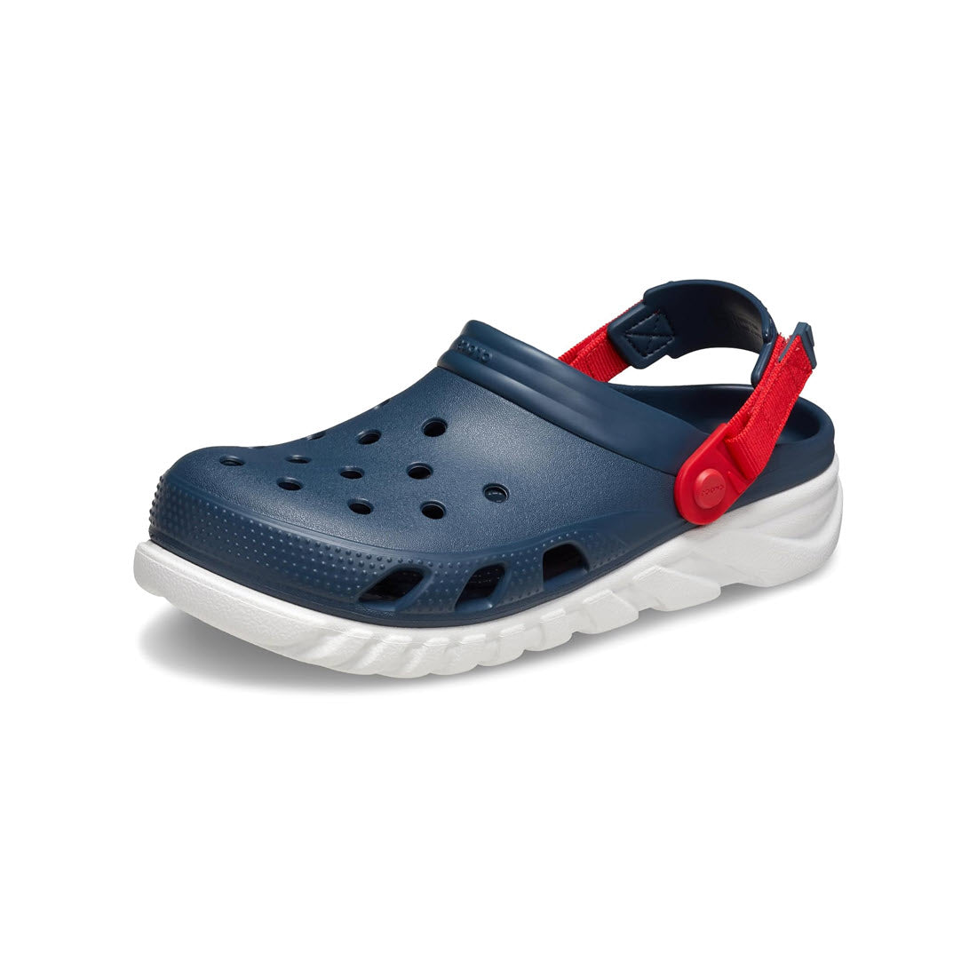 The CROCS DUET MAX II NIGHTFALL - KIDS by Crocs is a navy blue and white slip-on clog sandal featuring a closed toe, ventilation holes, and a red adjustable heel strap for a customizable fit and Croslite Comfort.