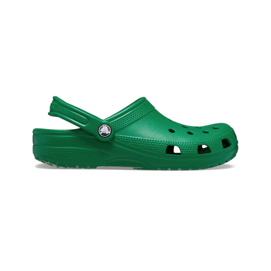 A side profile view of a single Crocs Classic Clog Green Ivy - Adults shoe, featuring a heel strap and circular ventilation holes, perfectly illustrates the iconic comfort associated with the Crocs brand.