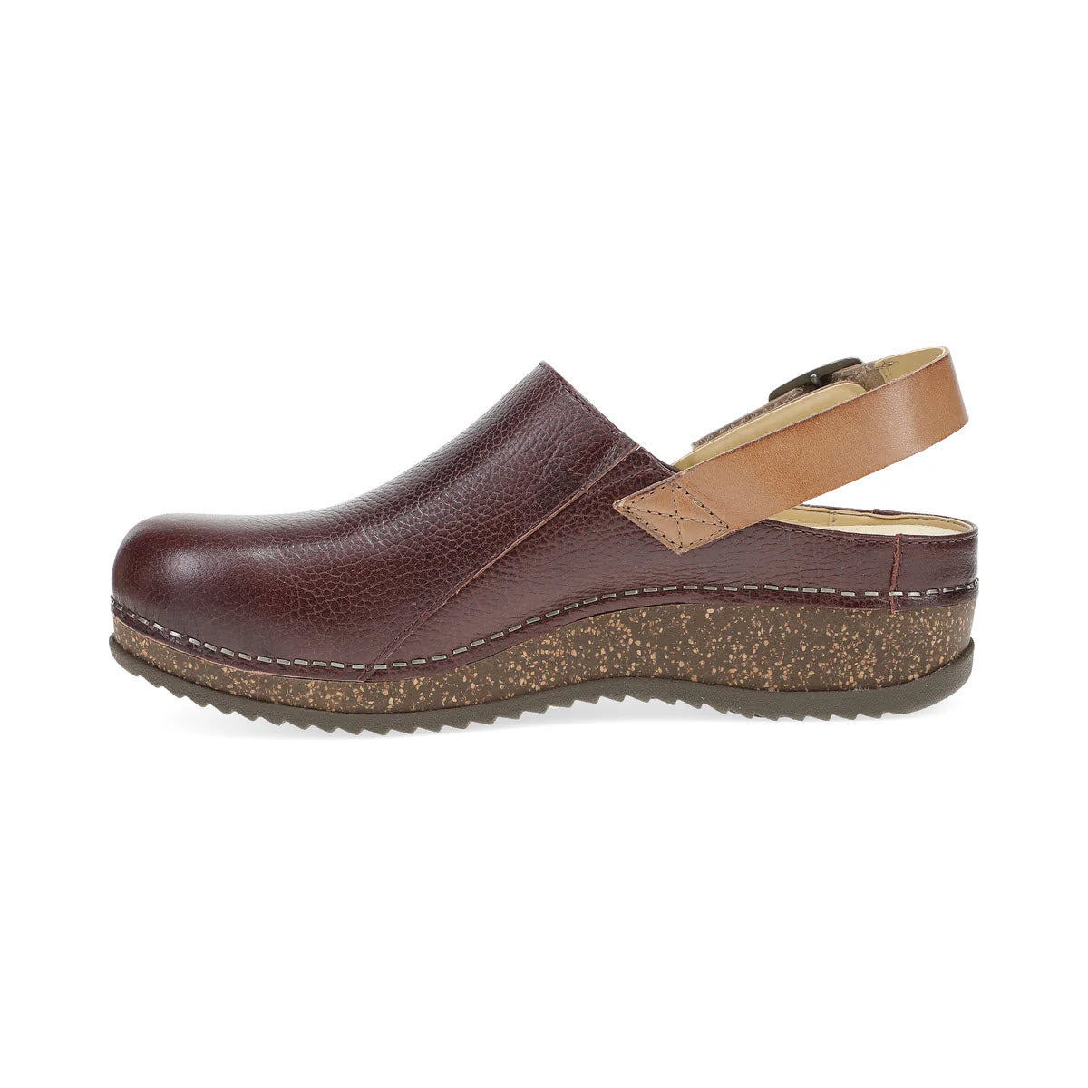 Side view of the Dansko Merrin Cordovan - Womens, a brown leather clog shoe featuring an adjustable tan heel strap and textured rubber sole—a versatile wardrobe staple.