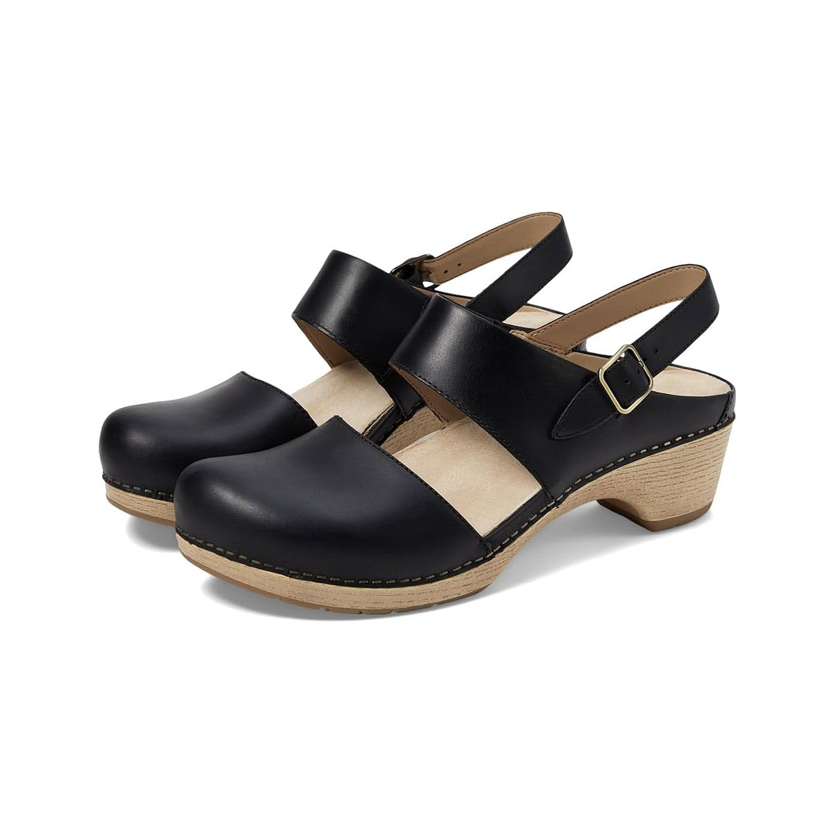 A pair of DANSKO LUCIA BLACK - WOMENS with wooden heels and ankle straps featuring metal buckles, complete with a cushioned EVA insole for added comfort.