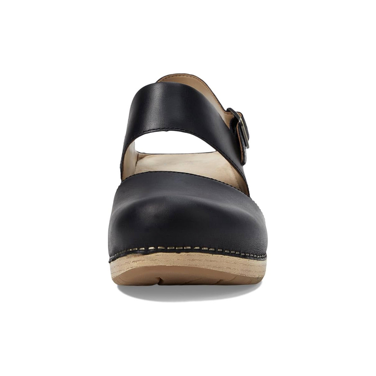 Front view of a DANSKO LUCIA BLACK - WOMENS by Dansko, a black closed-toe heeled clog with a tan sole, featuring a strap with a buckle across the top and a cushioned EVA insole for added comfort.