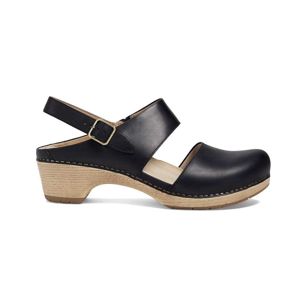 The Dansko DANSKO LUCIA BLACK - WOMENS is a black leather closed-toe clog with a wooden sole, featuring an adjustable heel strap with a buckle for the perfect fit.