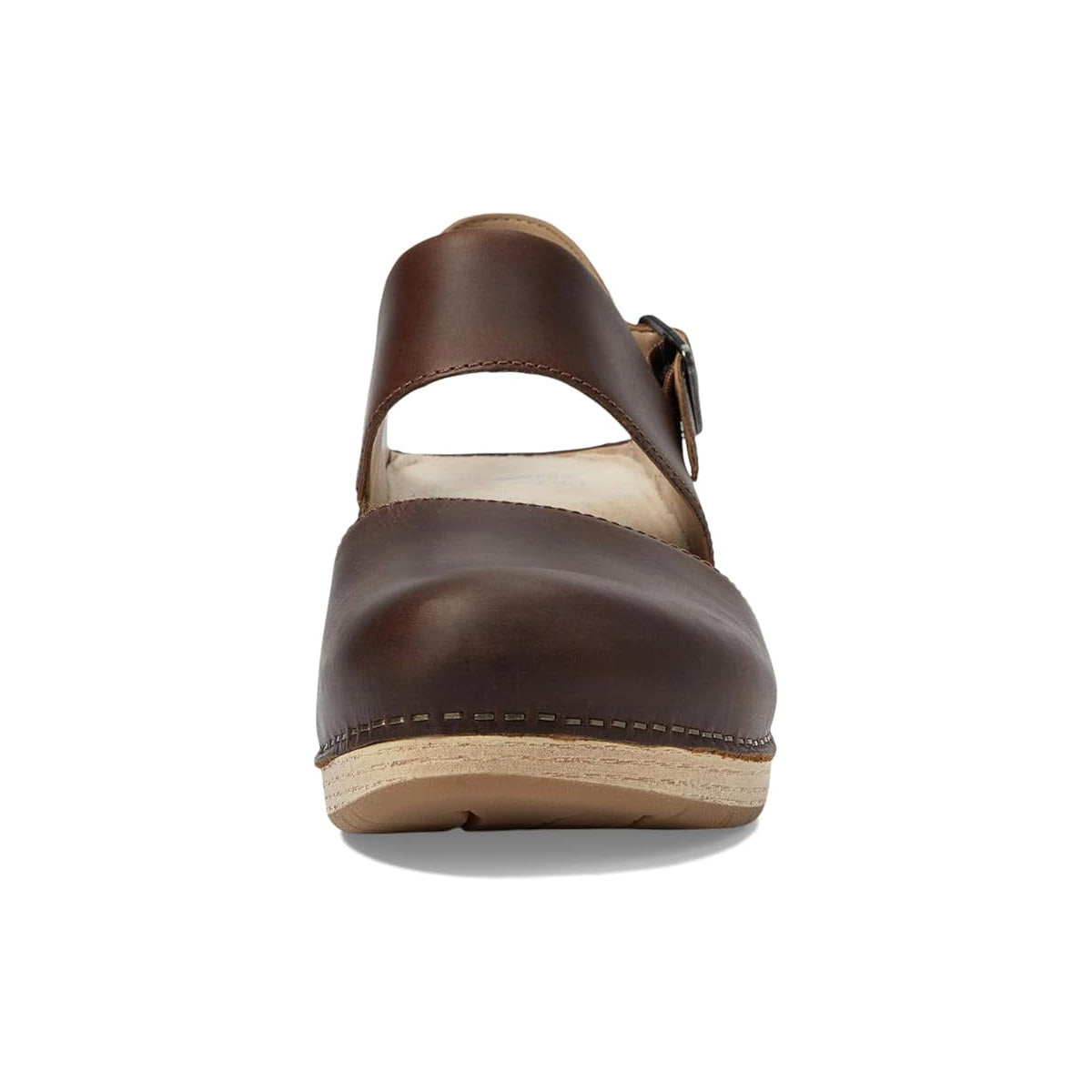 Front view of the DANSKO LUCIA TAN - WOMENS by Dansko, a brown leather clog complete with an adjustable heel strap and buckle, featuring a light-colored sole and cushioned EVA insole.