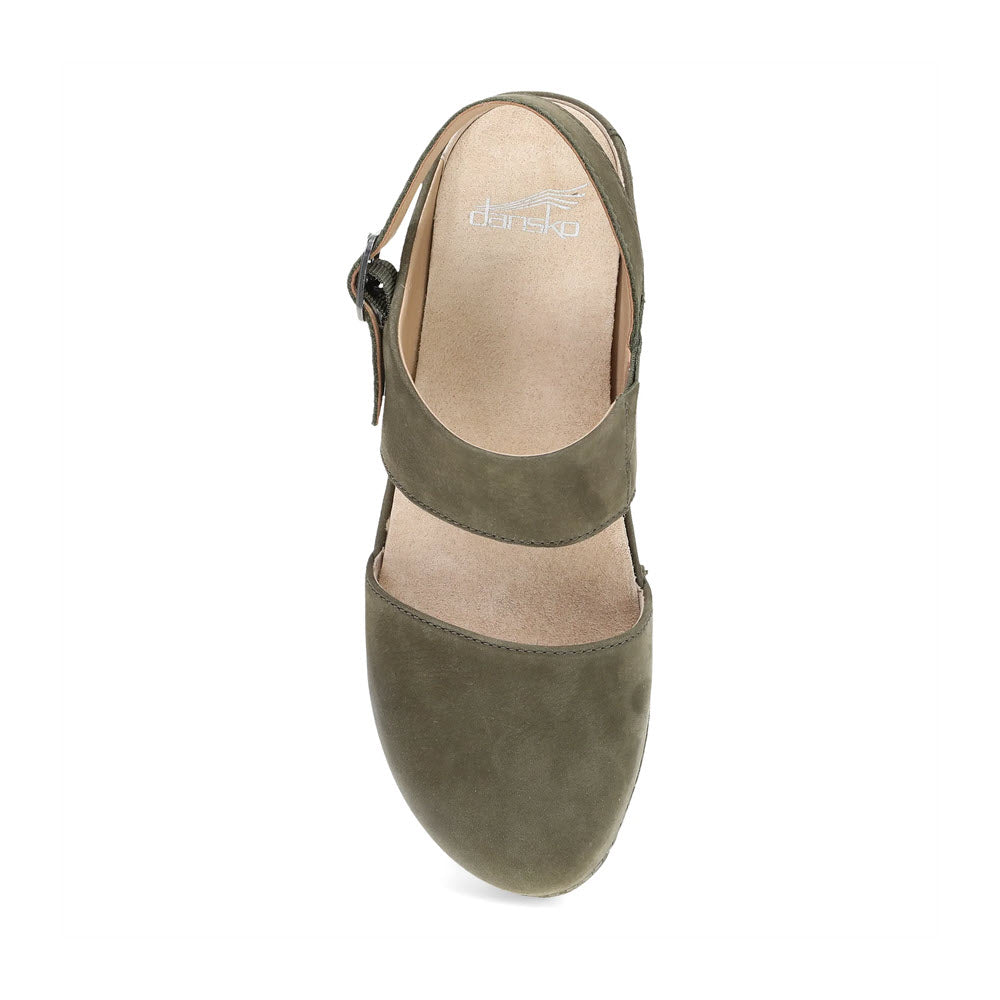 Top view of a single olive-colored closed-toe clog with a rounded toe and a strap crossing over the arch, perfect for fall footwear, showcasing the Dansko DANSKO LUCIA IVY - WOMENS.