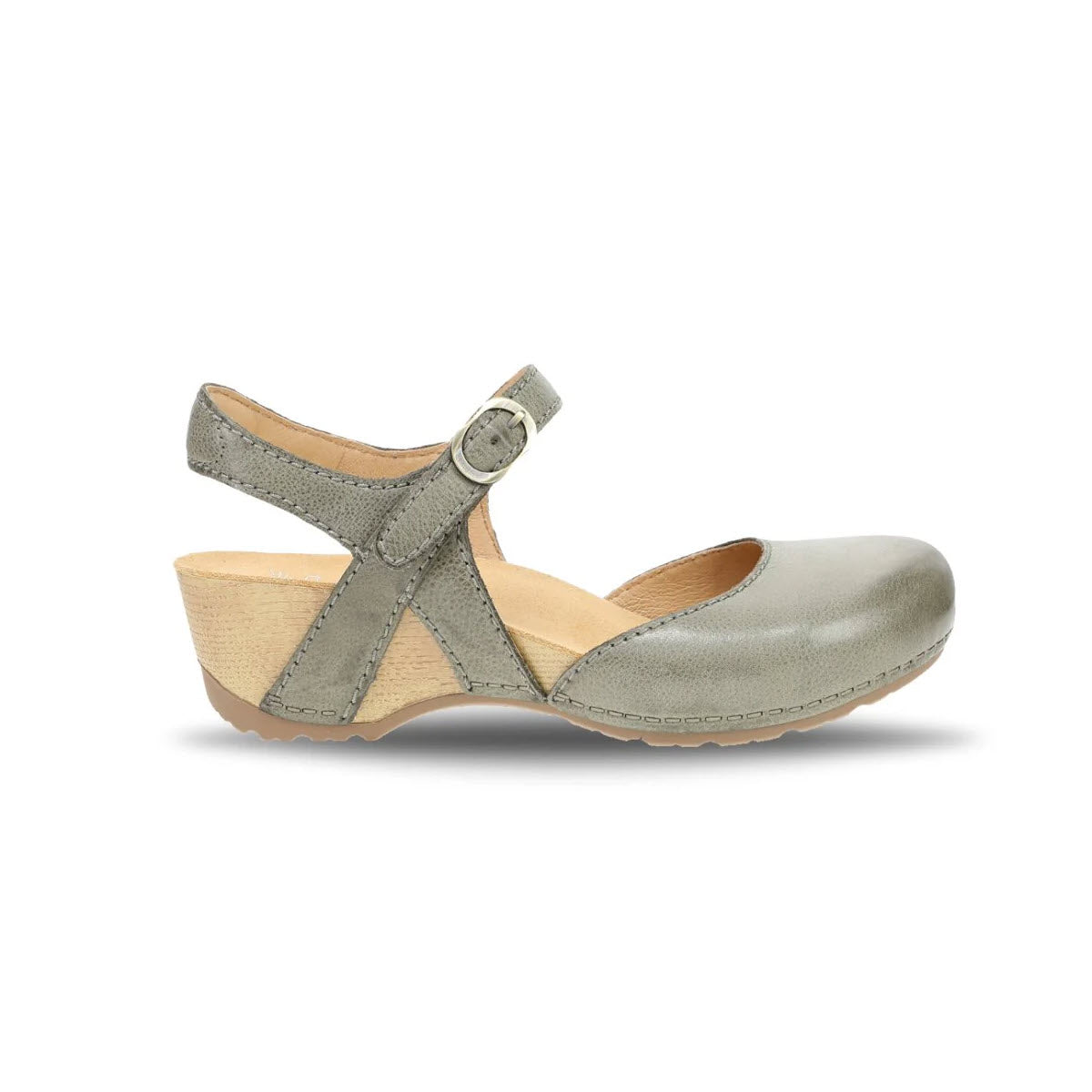 A single gray Dansko DANSKO TIFFANI IVY - WOMENS with a closed-toe design, a low wedge heel, a cross strap with a buckle, and a beige insole.