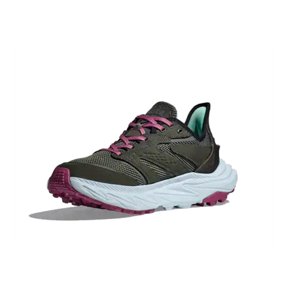 A single Hoka Anacapa 2 Freedom Outer Orbit/Overcast women&#39;s athletic shoe with an ultra-ventilated olive green mesh upper, pink laces, and a white sole with pink treads, angled to show the side and front.