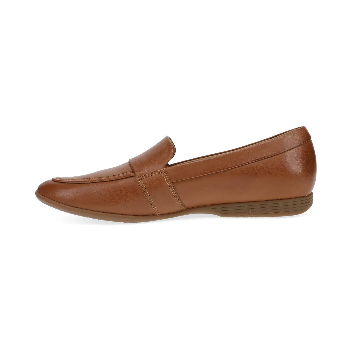 A single Dansko Linden Luggage women&#39;s loafer in brown leather with a low heel, viewed from the side against a white background, showcases timeless style and all-day comfort.