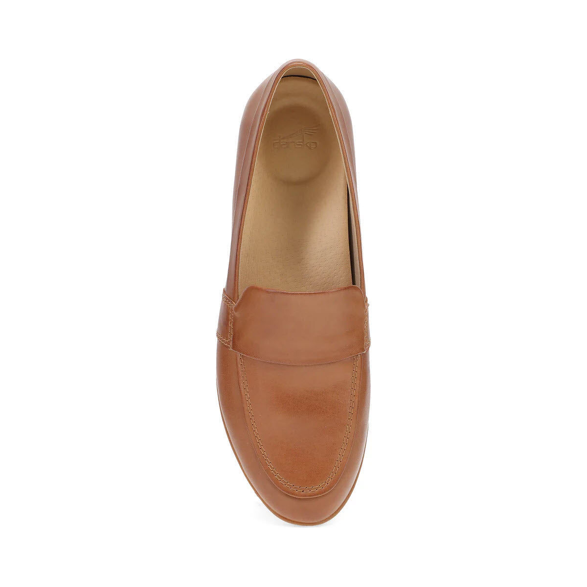 Top view of the Dansko Linden Luggage loafer in brown leather with a tan insole on a white background, showcasing timeless style.