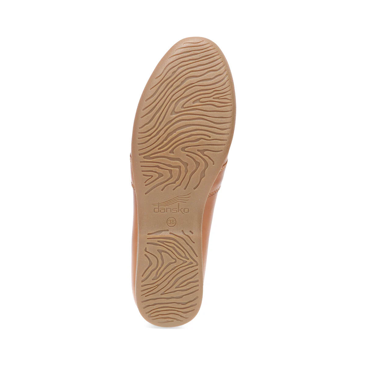 Bottom view of the DANSKO LINDEN LUGGAGE - WOMENS tan shoe showcasing a wavy tread pattern and the &quot;Dansko&quot; brand name embossed in the center, combining all-day comfort with timeless style.