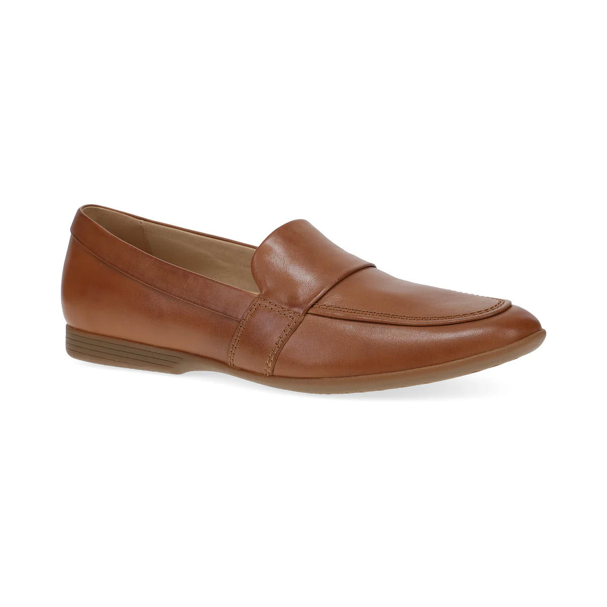 The Dansko Linden Luggage - Women&#39;s, a refined brown leather loafer featuring a low heel and visible stitching, showcases timeless style and offers all-day comfort when viewed from the side.