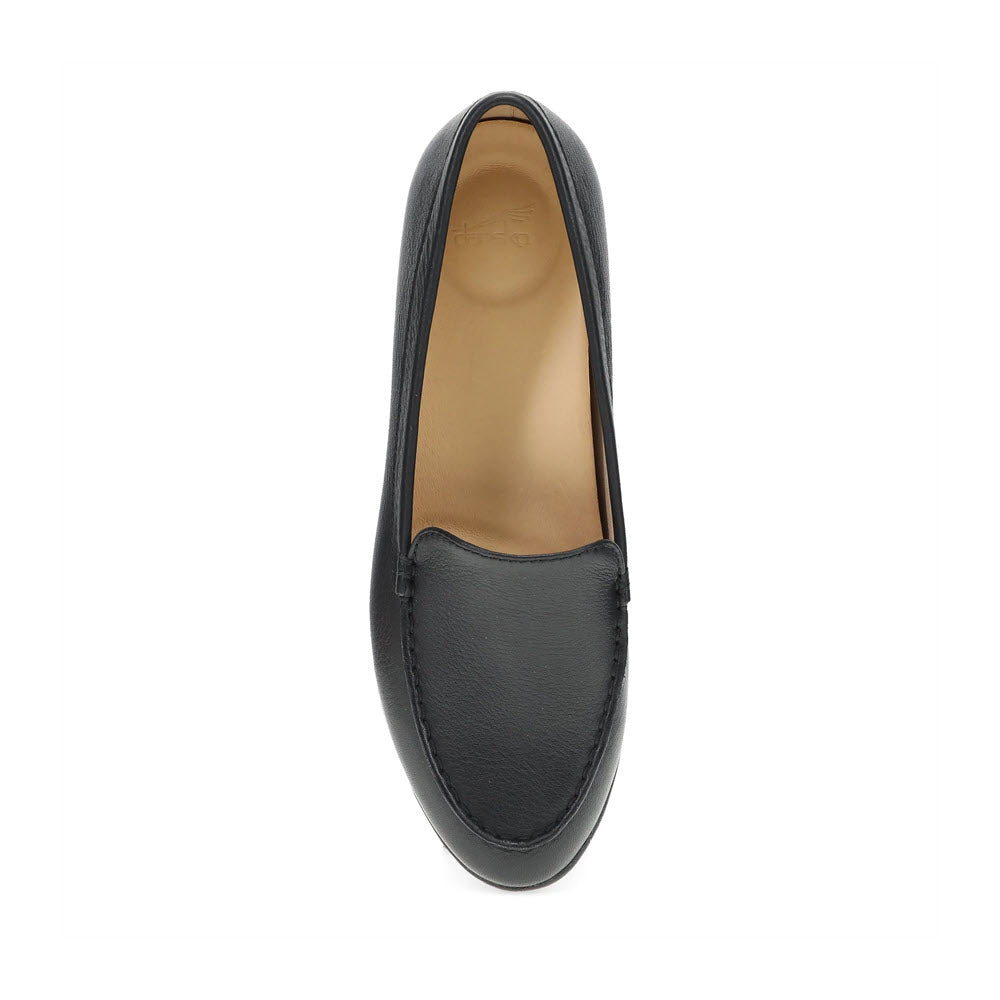 Top view of a single black casual loafer with a smooth leather finish and plain design, perfect for weekend comfort and added support. Featured product: DANSKO LORRI BLACK - WOMENS by Dansko.