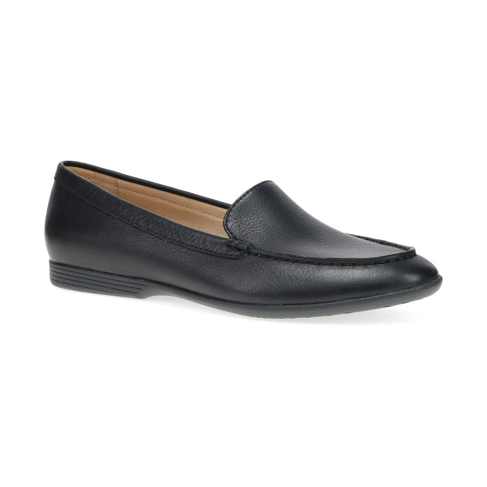 The Dansko DANSKO LORRI BLACK - WOMENS, a black leather loafer with a raised heel and a cushioned interior, is designed for weekend comfort, offering added support.