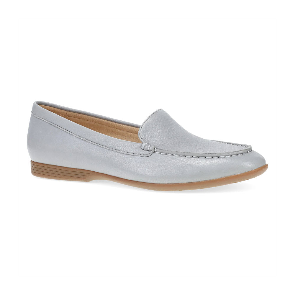 A single grey leather casual loafer with a tan, low heel and side stitching detail is shown on a white background, offering weekend comfort and added support. This is the Dansko DANSKO LORRI GREY - WOMENS.