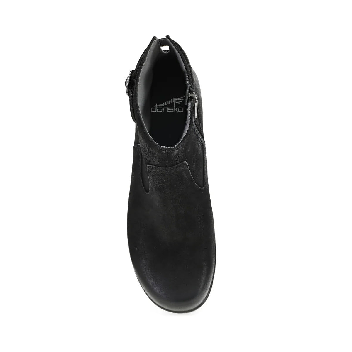 A top view of the DANSKO FINNLEY BLACK - WOMENS shoe, featuring its smooth leather upper and ankle design with the Dansko brand name visible inside, promising all-day comfort for a versatile work-to-weekend bootie enhanced by Dansko Natural Arch® technology.