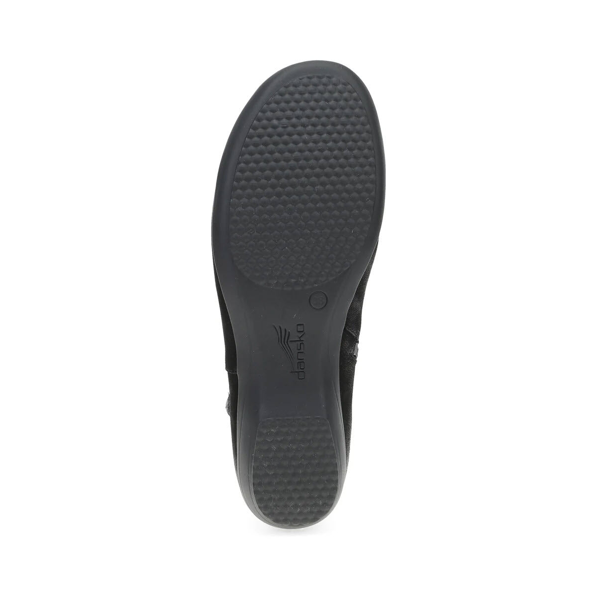 Image of the Dansko Finnley Black shoe sole, showcasing a textured pattern and a discreet circular logo near the heel. The outer edges are smooth, while the central area is designed for grip and enhanced by Dansko Natural Arch® technology for all-day comfort.