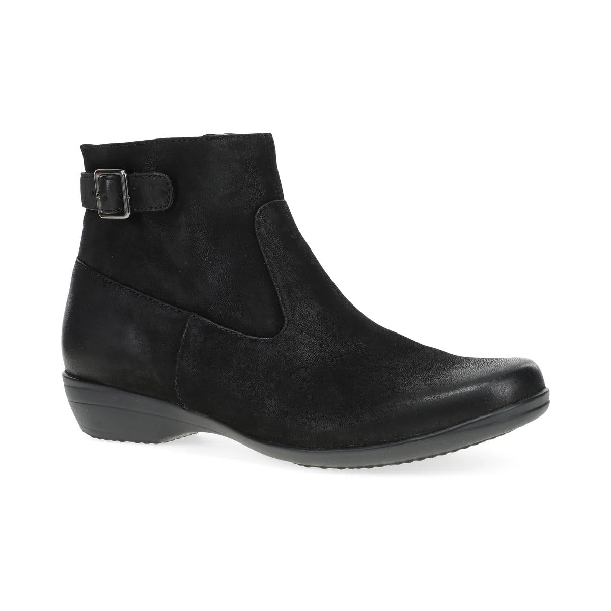 The Dansko Finnley Black bootie for women is a stylish, mid-ankle leather shoe featuring a side buckle detail and a low heel designed for all-day comfort.