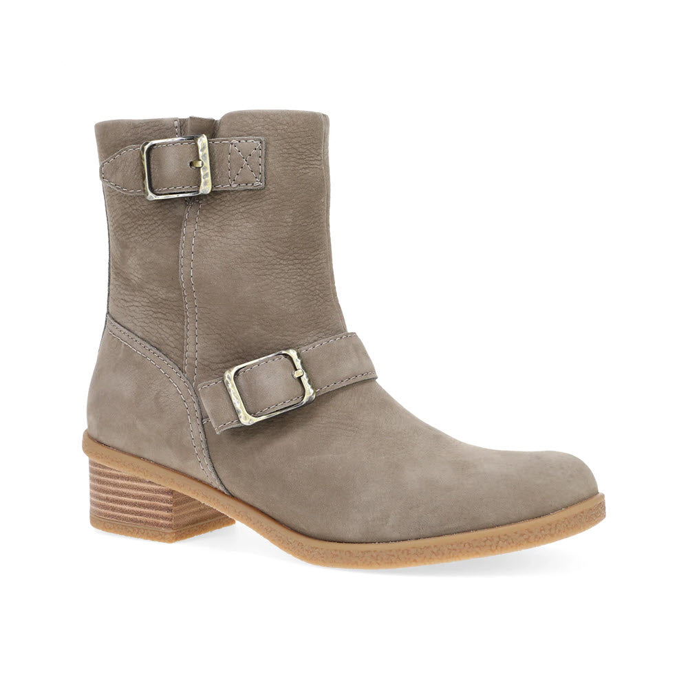 The DANSKO DELPHINE STONE - WOMENS by Dansko is a gray mid-ankle leather moto bootie featuring a low block heel, side zipper, stylish hardware, and two buckle straps across the instep and ankle.