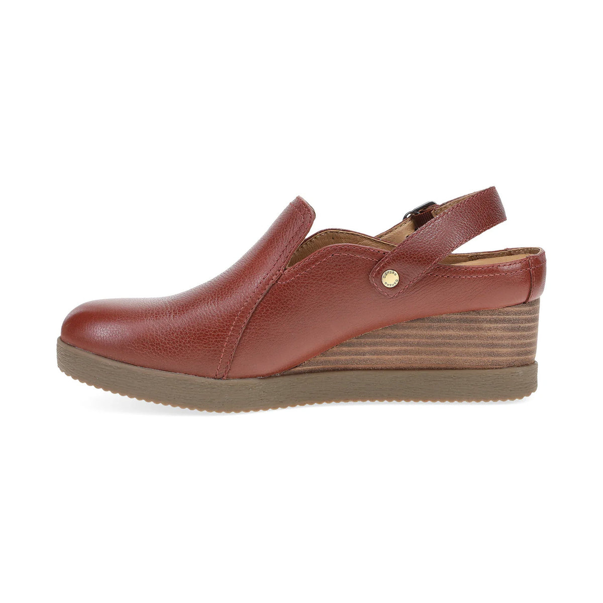 Introducing the DANSKO SHERIDAN BRICK for women by Dansko—a stylish wedge sandal crafted from brown leather, featuring a clean silhouette, an elastic back strap, and a textured rubber sole.