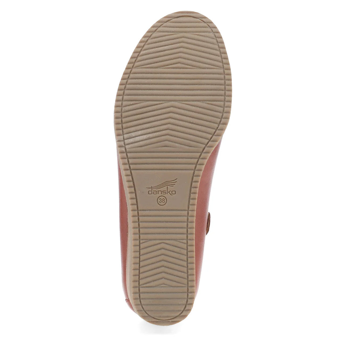 The sole of the DANSKO SHERIDAN BRICK - WOMENS shoe in brown features a light-colored, ribbed rubber tread. Imprinted in the center are the brand name &quot;Dansko&quot; and the number &quot;38,&quot; adding to its clean silhouette.