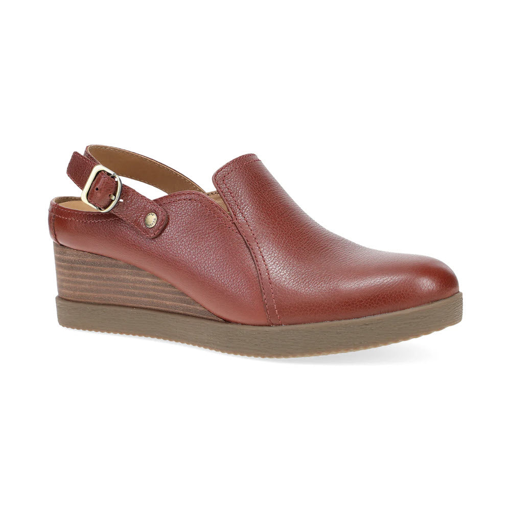 The DANSKO SHERIDAN BRICK - WOMENS by Dansko is a brown leather wedge shoe featuring an adjustable heel strap and a beige sole, boasting a clean silhouette.