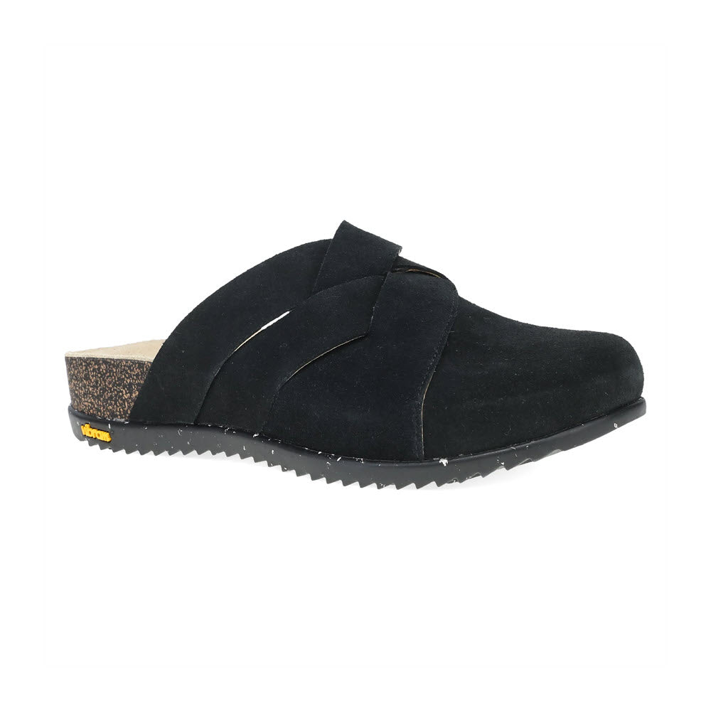 The Dansko Daniella Black for women is a black suede slip-on mule featuring a stylish crisscross design, a cork-based midsole, and a durable Vibram rubber outsole.