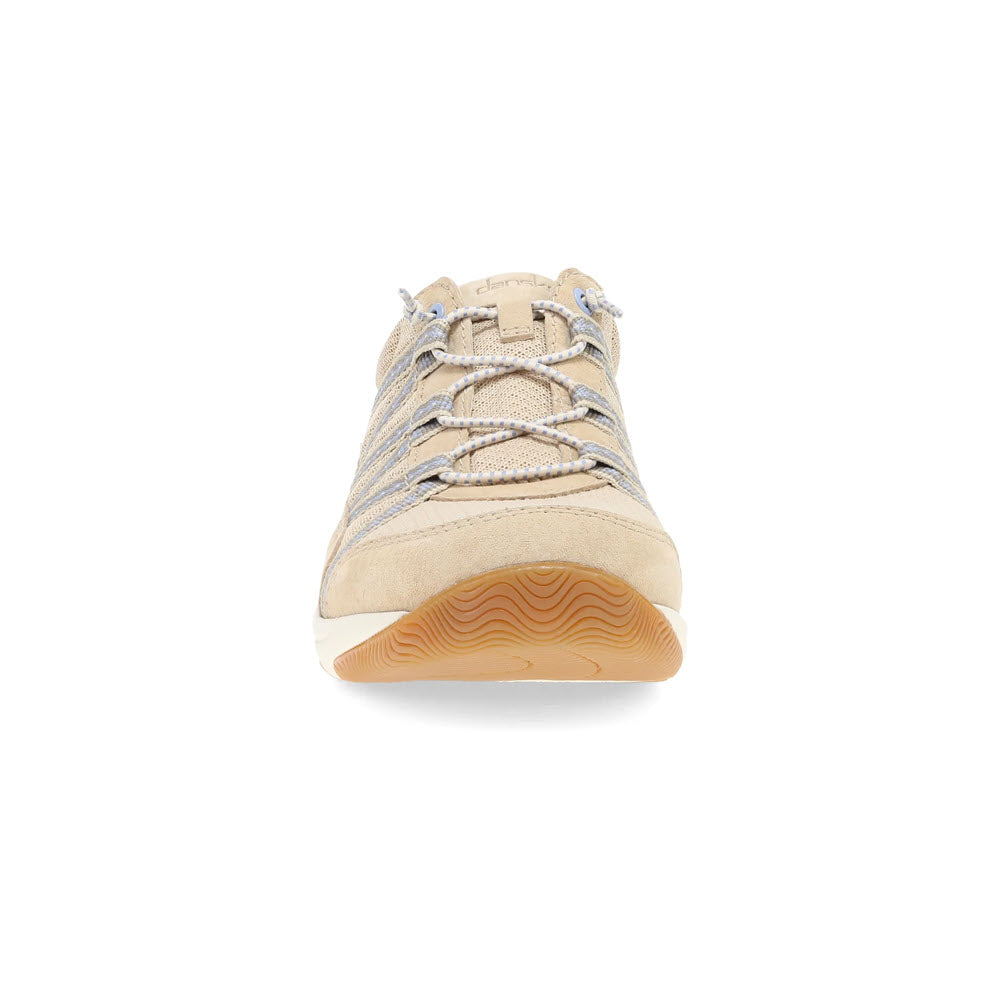 Front view of a beige **DANSKO HARLYN SAND - WOMENS** sneaker with grey laces and a textured tan sole, designed for lightweight performance by **Dansko**.