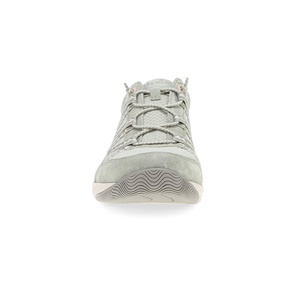 Front view of a light grey DANSKO HARLYN SAGE - WOMENS sneaker with thick laces, premium support, and a patterned sole designed for lightweight performance by Dansko.