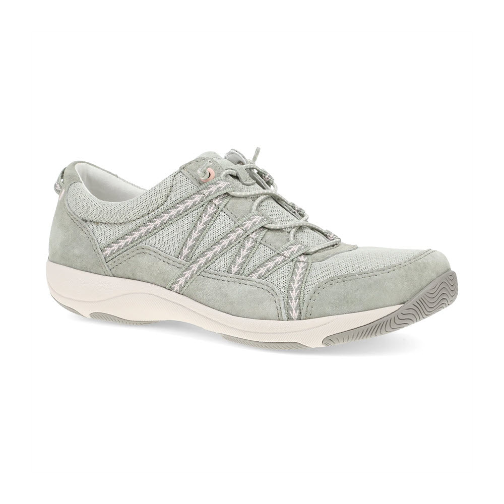 Light gray DANSKO HARLYN SAGE - WOMENS with mesh and suede-like material, featuring decorative stitching, lace-up and elastic closure, and a textured sole designed for comfortable walking and premium support by Dansko.