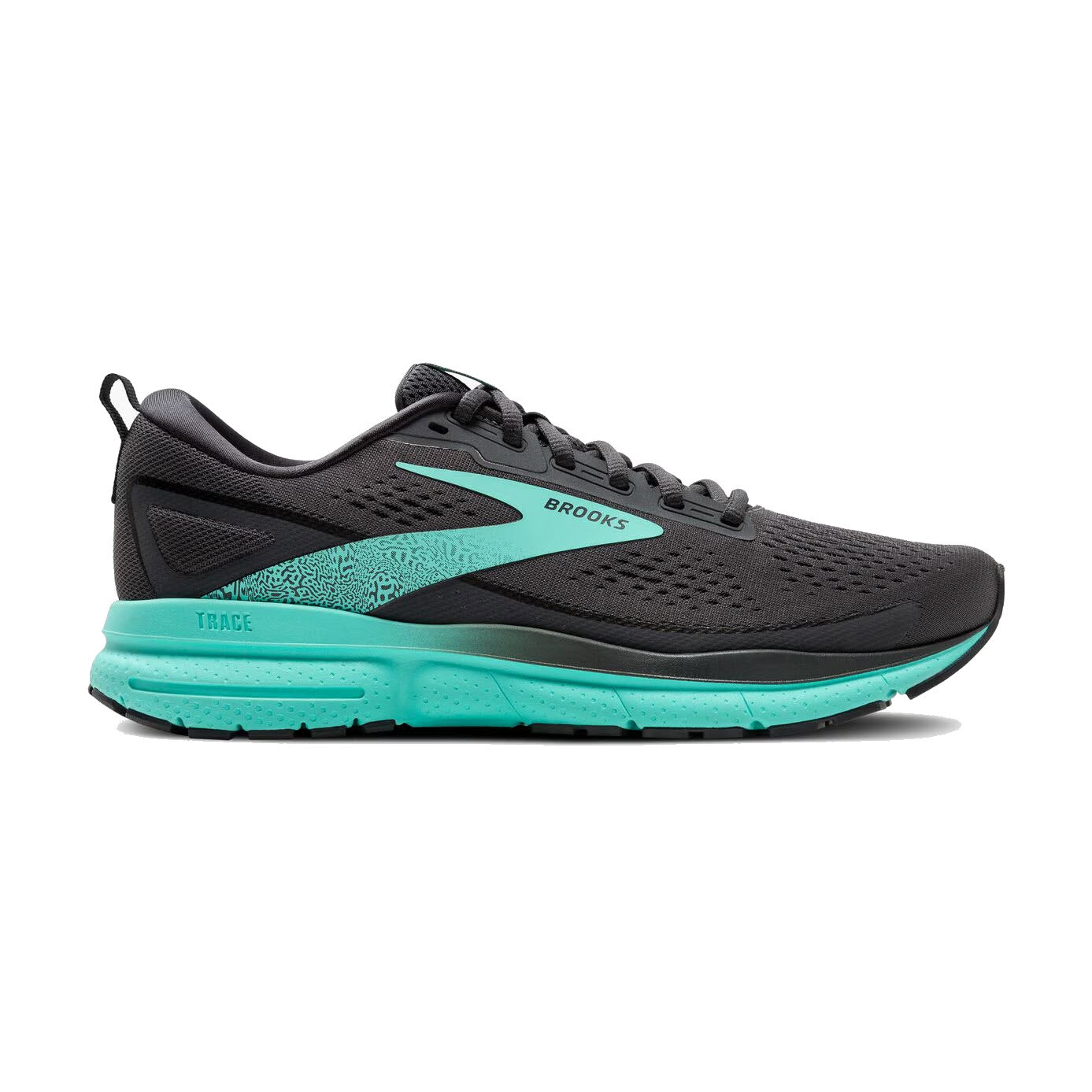 A black athletic shoe with turquoise accents, including the sole and a stripe on the side. The brand name "Brooks" is visible on the side. These Women's TRACE 3 running shoes are designed to be both stylish and functional.