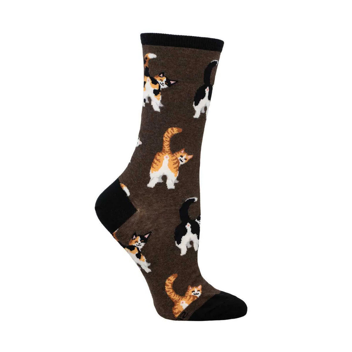 A brown sock with a black toe, heel, and cuff, featuring a quirky pattern of black and orange cats for the secret society of cat servants, available as SOCKSMITH CAT BUTTS CREW SOCKS BROWN - WOMENS from Socksmith.