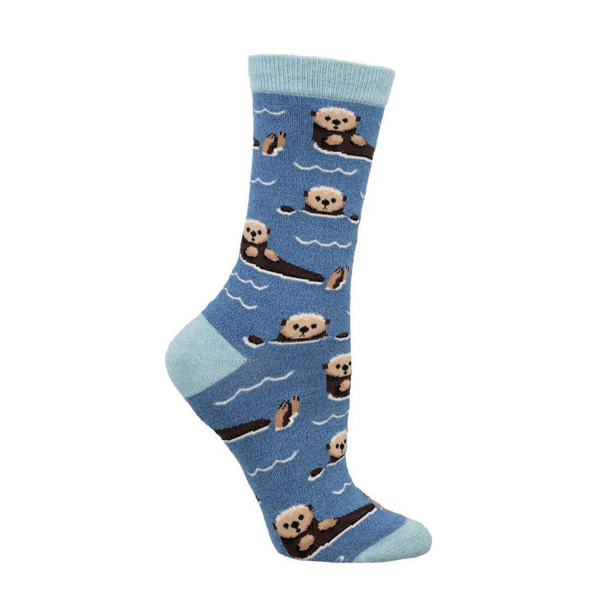 A Socksmith crew sock titled &quot;Just an Otter Day Blue&quot; for women, showcasing a playful pattern of otters floating on their backs amid whimsical waves, perfectly capturing the wild spirit of nature.