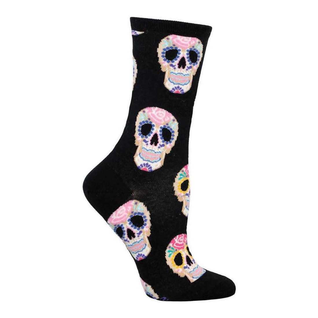 Step up your Dia de Los Muertos celebrations with the Socksmith Dia de Los Muertos Skull Crew Socks in white, designed for women. These eye-catching socks feature vibrant sugar skull designs with pink, blue, and yellow accents.