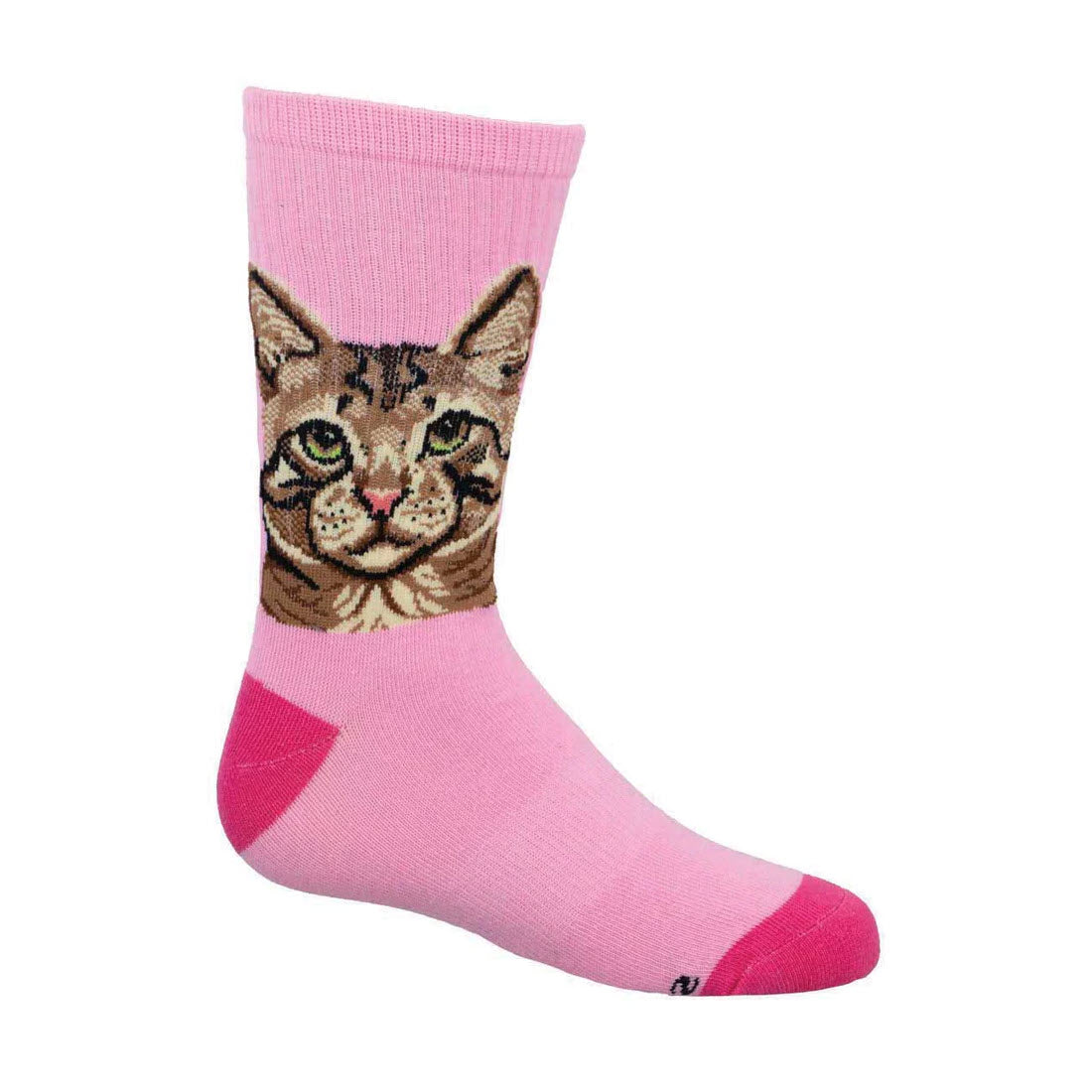 A pink sock with a detailed cat face design on the leg portion and darker pink heel and toe sections, these Socksmith SOCKSMITH PURRFECT PORTRAIT CREW SOCKS PINK - KIDS are ideal for children&#39;s footwear.