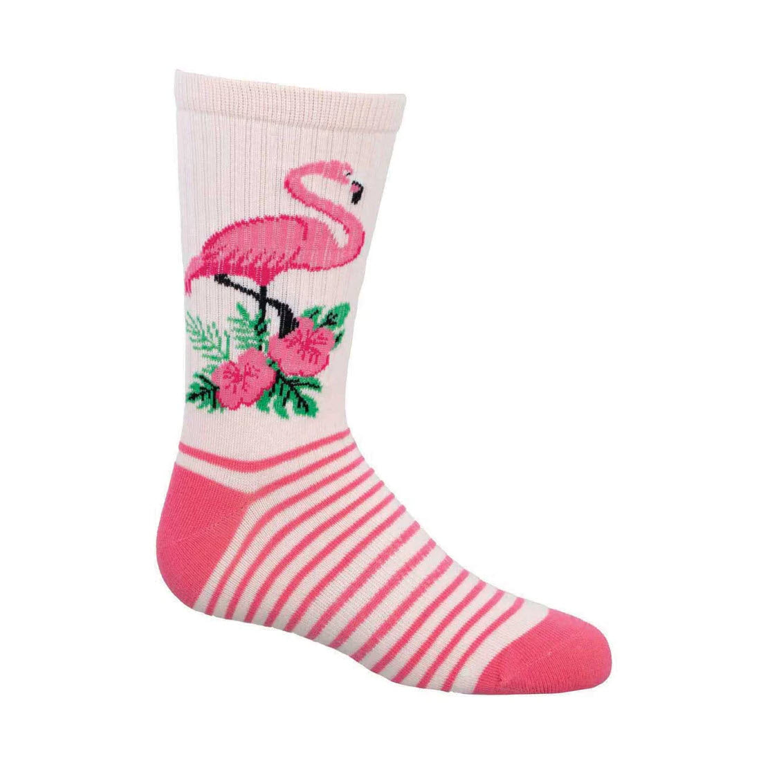 A Socksmith SOCKSMITH FLAMINGO FLORAL CREW SOCKS PINK - KIDS with pink and white stripes, built tough for your wild child, featuring an embroidered pink flamingo standing on green leaves with pink flowers.