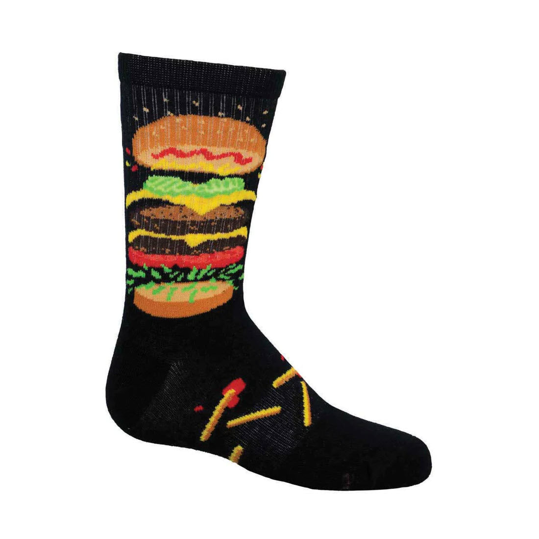 A single black sock featuring a colorful print of a burger stacked with various toppings, along with small images of French fries near the toes, perfect for adding some fun to any kiddo&#39;s wardrobe. Introducing the Socksmith Not So Shabby Patty Crew Socks Black - Kids by Socksmith.